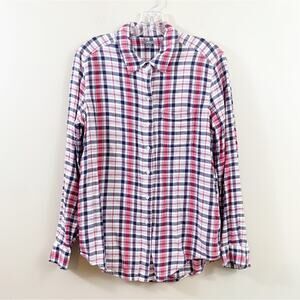 Aerie Plaid Flannel Button Down Long Sleeve Navy/White Shirt